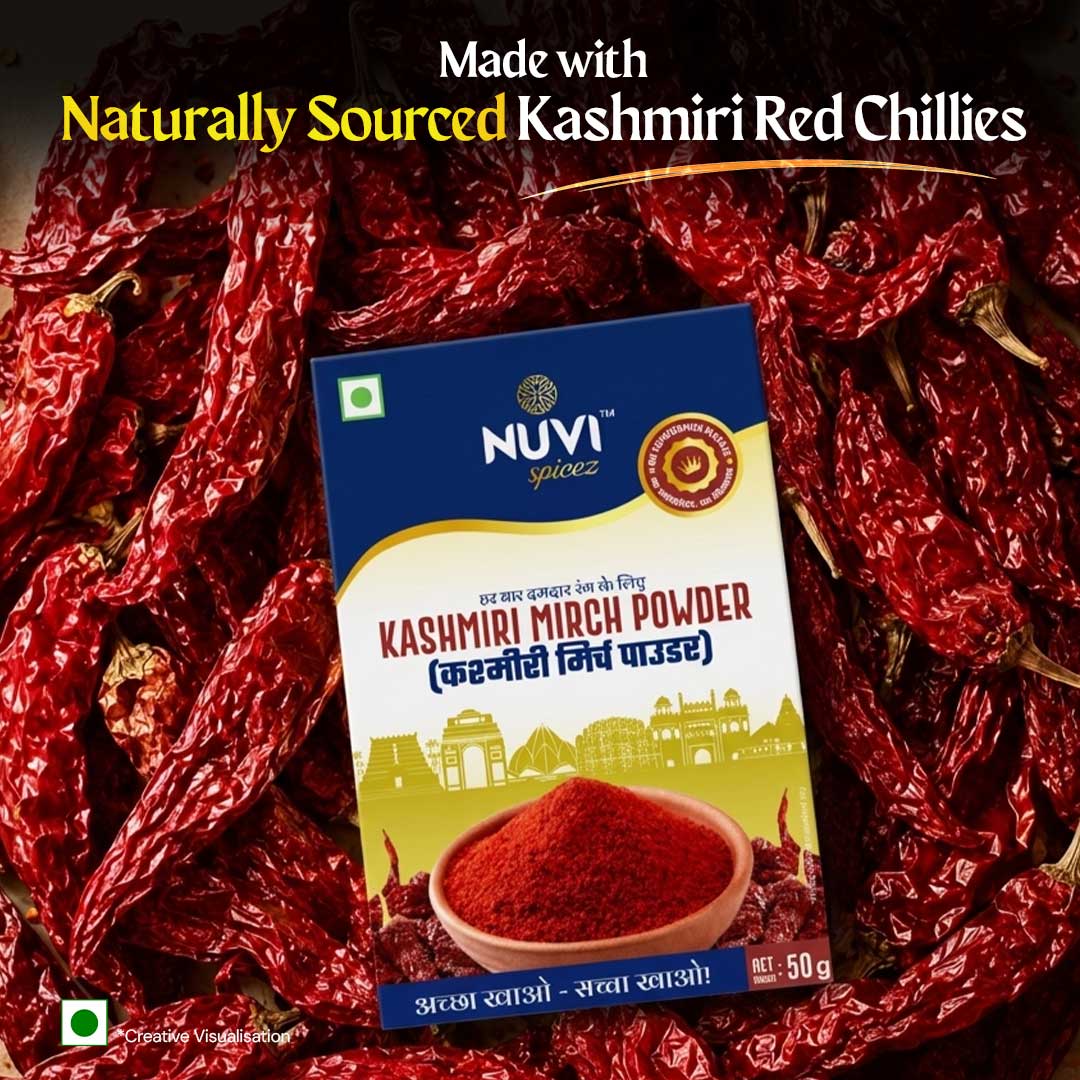 Kashmiri Red Chilli Powder package on vibrant red chillies background, showcasing its premium quality.