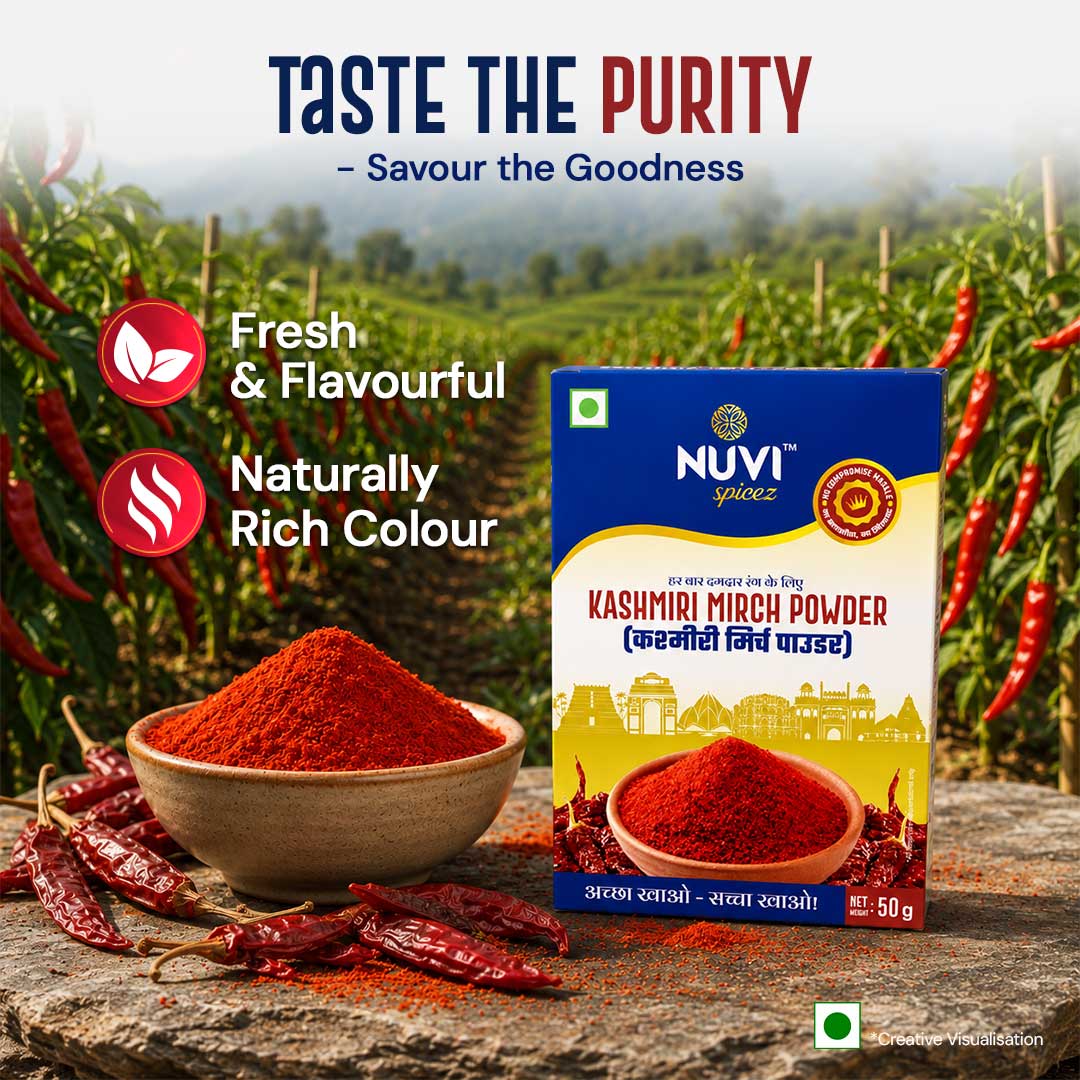 Kashmiri Red Chilli Powder in a bowl with packaging, showcasing vibrant red color and freshness.