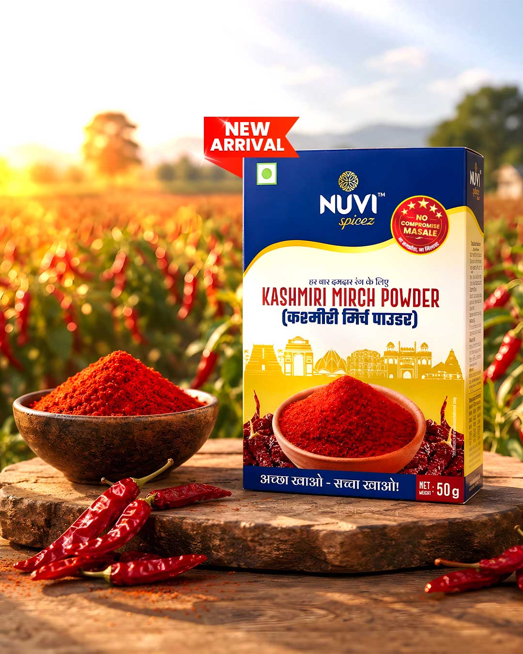 Kashmiri Red Chilli Powder in a box with vibrant hues, ideal for enhancing Indian recipes and adding mild heat.