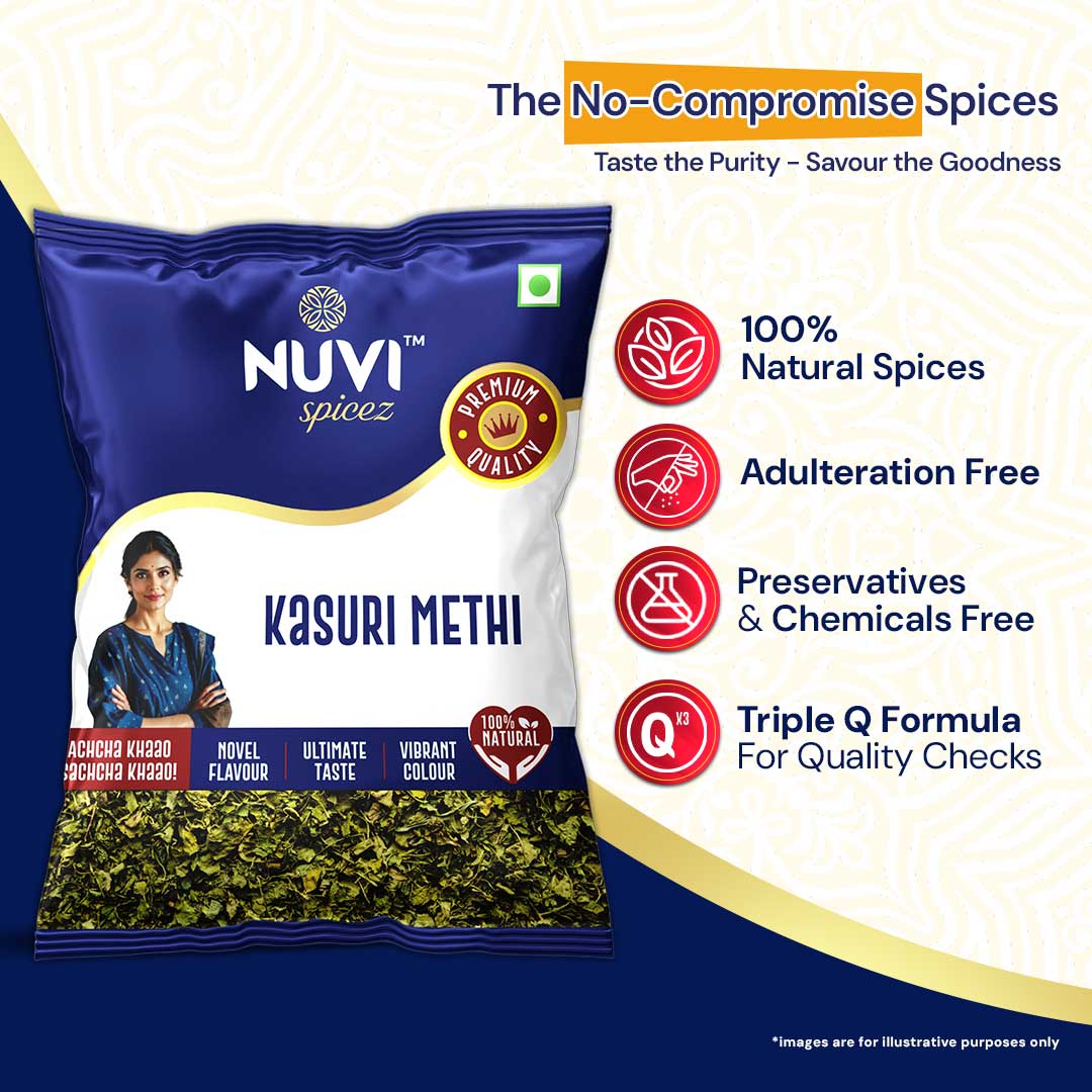 Nuvi Spicez Whole Kasuri Methi packaging, highlighting natural spices and quality assurance details.