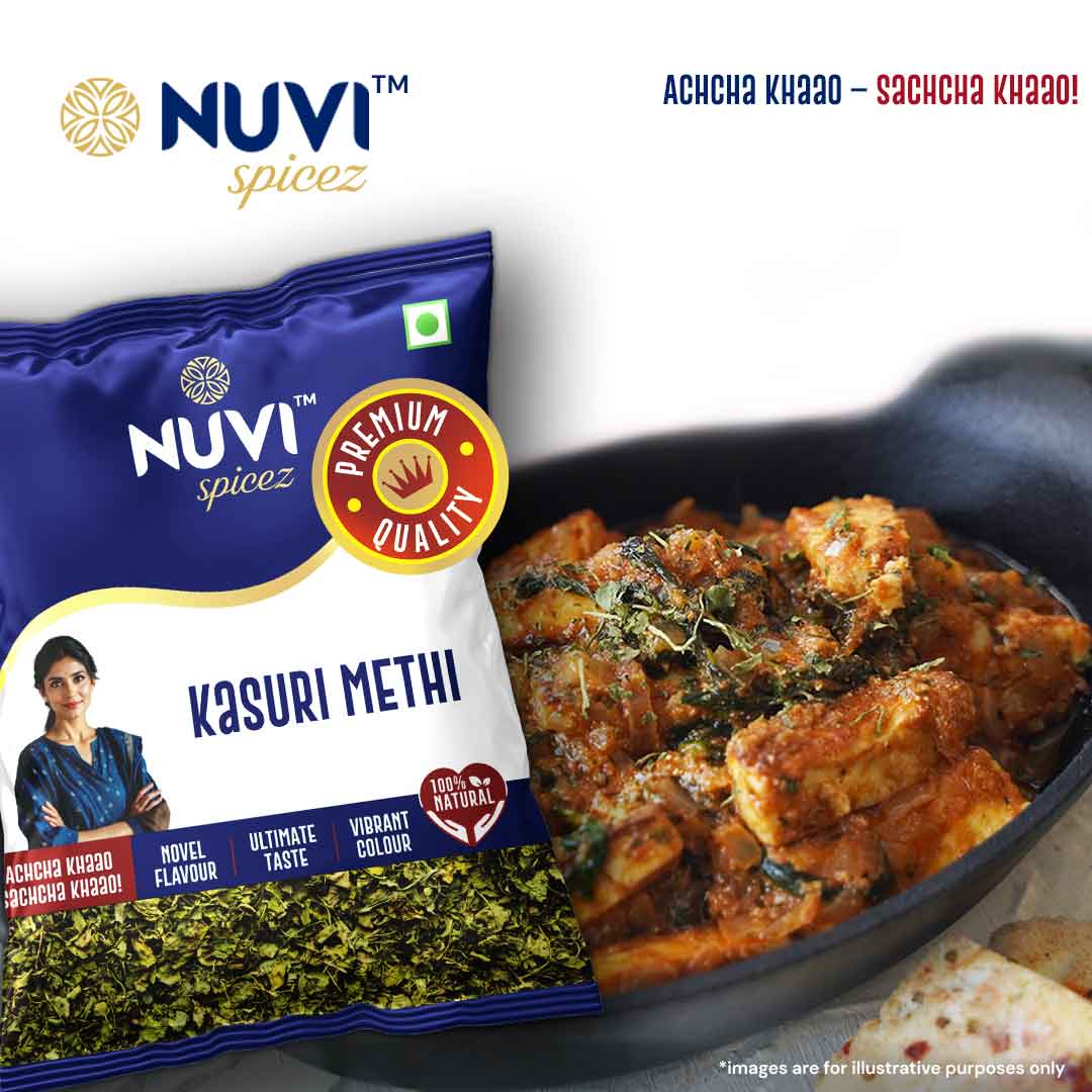 Nuvi Spicez Kasuri Methi packaging with cooked dish, showcasing vibrant color and premium quality fenugreek leaves.