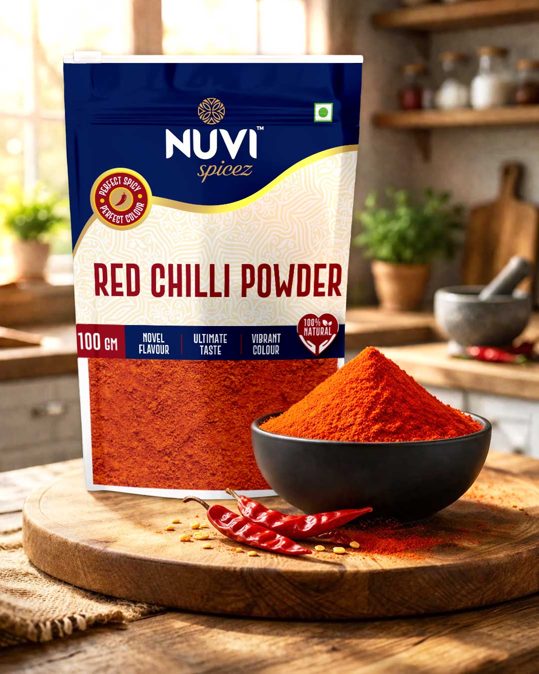 Red Chilli Powder in a bowl with a packet of NUVI Spicez in the background, showcasing its vibrant color and fine texture.