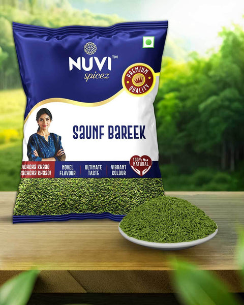 Nuvi Spicez Bareek Saunf fennel seeds pack featuring a woman, ideal for cooking, flavoring, and digestion support.